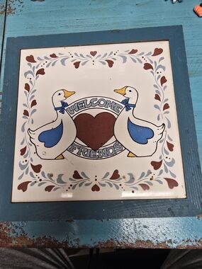 Welcome Friends Duck Tile Wall Art - Blue & White